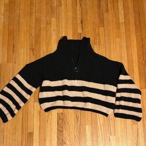 SHEIN Black and Cream Striped Half-Zip Turtleneck Sweater